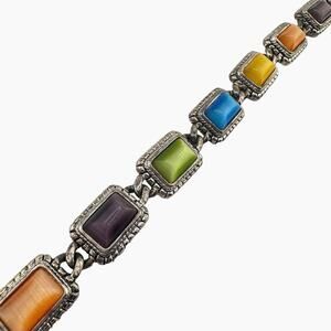 Premier Designs Multicolor Cat’s Eye Cabochon Panels Silver Tone 6.75” Bracelet